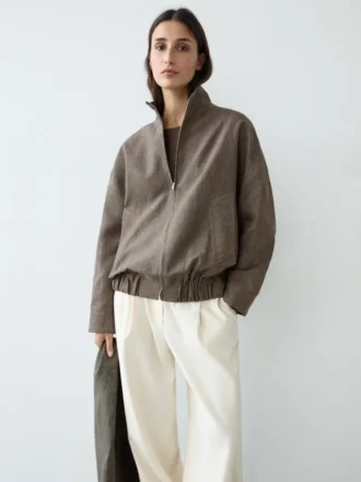 Blouson aviateur en lin chiné avec écharpe