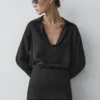 Chemise fluide en coton mélangé à col en V Chemise fluide en coton mélangé à col en V