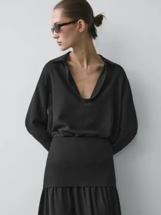 Chemise fluide en coton mélangé à col en V
