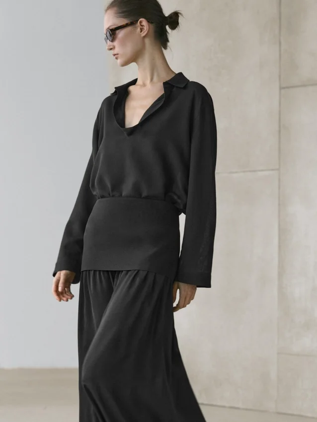 Chemise fluide en coton mélangé à col en V Chemise fluide en coton mélangé à col en V