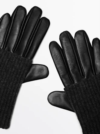 Gants en cuir nappa et tricot contrastés Gants en cuir nappa et tricot contrastés