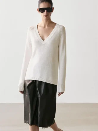 Jupe midi en cuir nappa avec détails en dentelle