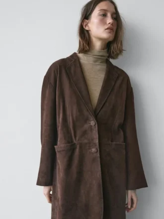 Manteau long en cuir suédé