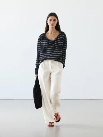 Pantalon 100 % lin à jambes larges et taille élastiquée