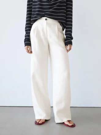 Pantalon 100 % lin à jambes larges et taille élastiquée