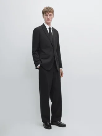 Pantalon de costume en laine fraîche à jambes larges