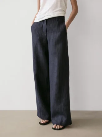 Pantalon en lin à jambes larges et à fines rayures