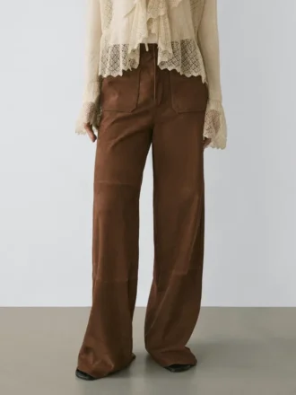 Pantalon large en cuir suédé avec poches