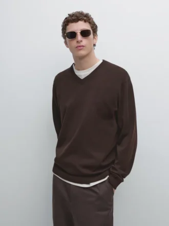 Pull en maille à col en V en mélange de coton