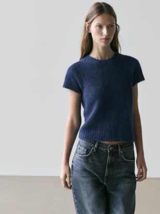Pull en maille à manches courtes en mélange d&rsquo;alpaga
