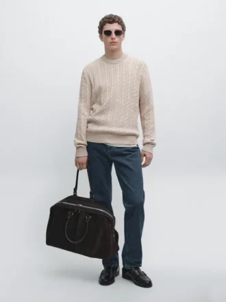 Pull en maille torsadée 100 % coton à col rond