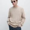 Pull en maille torsadée 100 % coton à col rond Pull en maille torsadée 100 % coton à col rond