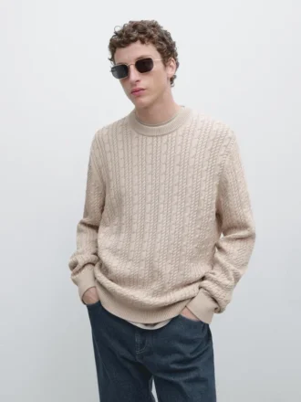 Pull en maille torsadée 100 % coton à col rond