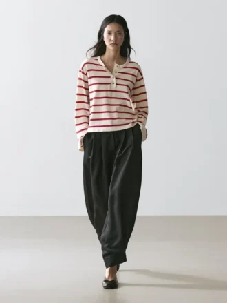 Pull Henley en coton tricoté à rayures