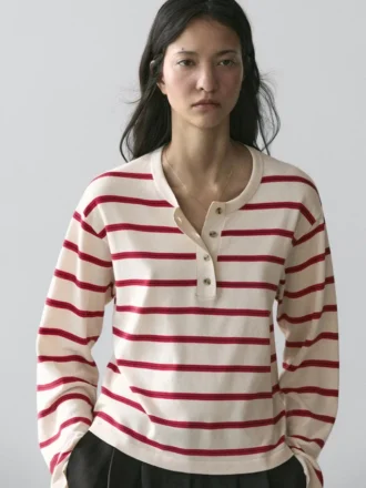 Pull Henley en coton tricoté à rayures