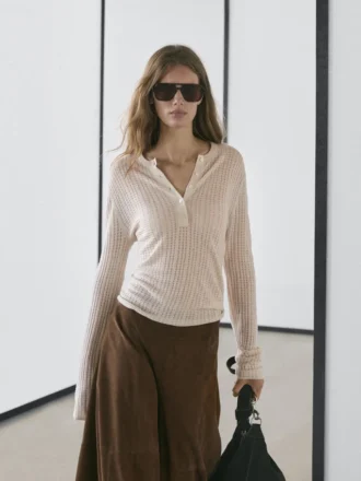 Pull Henley en laine mélangée avec découpes