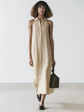 Robe mi-longue à col de polo en mélange de lin