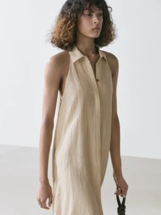 Robe mi-longue à col de polo en mélange de lin