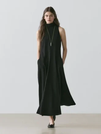 Robe mi-longue à col licou avec nœud