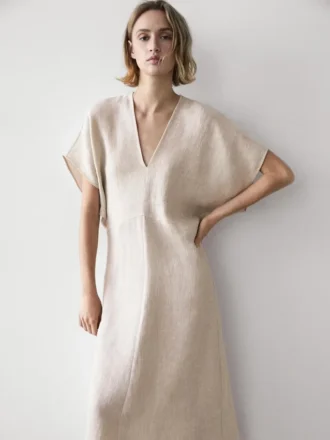 Robe mi-longue en lin à manches courtes et légère