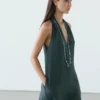 Robe mi-longue en mélange de lin avec encolure en V Robe mi-longue en mélange de lin avec encolure en V