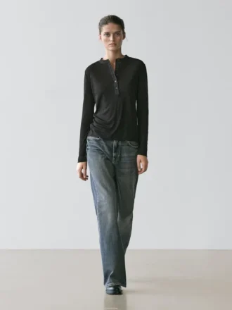 T-shirt à col Henley en mélange de laine