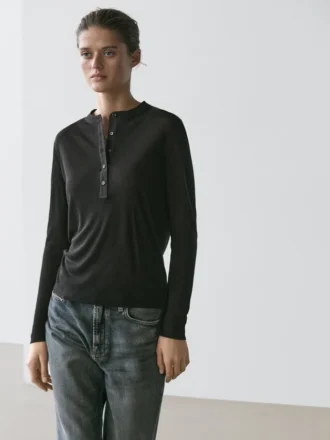T-shirt à col Henley en mélange de laine