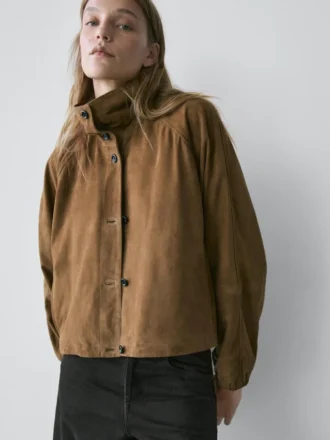Veste bomber courte en cuir suédé