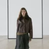 Veste en cuir nappa avec col en peau d&rsquo;agneau