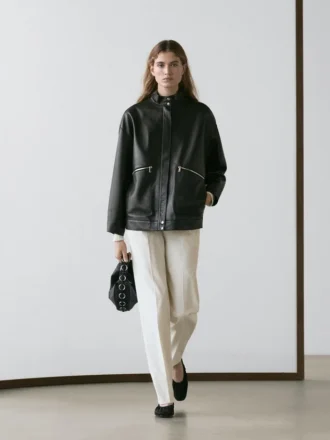 Veste en cuir nappa avec détails de poches