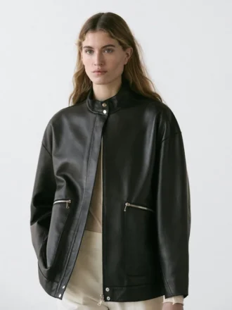 Veste en cuir nappa avec détails de poches