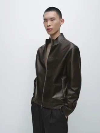 Veste en cuir nappa effet vieilli