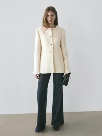 Veste en mélange de laine texturée avec boutons en strass