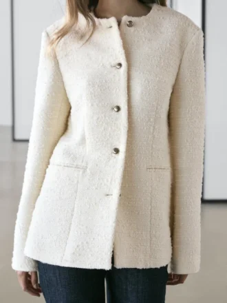 Veste en mélange de laine texturée avec boutons en strass